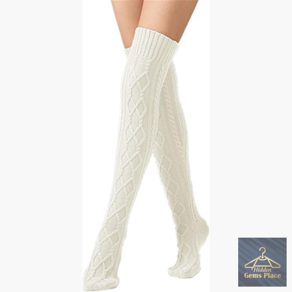 Cable Knit Thigh High Socks Over Knee Leg Warmers Winter Stockings